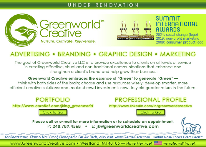 Under Renovation : Click Around. Contains Greenworld Creative logo with brief description of visual communications services. Includes contact info and links to portfolio, professional profile, Twitter feed and email. Phone: 734.326.1569  E-mail: info@greenworldcreative.com